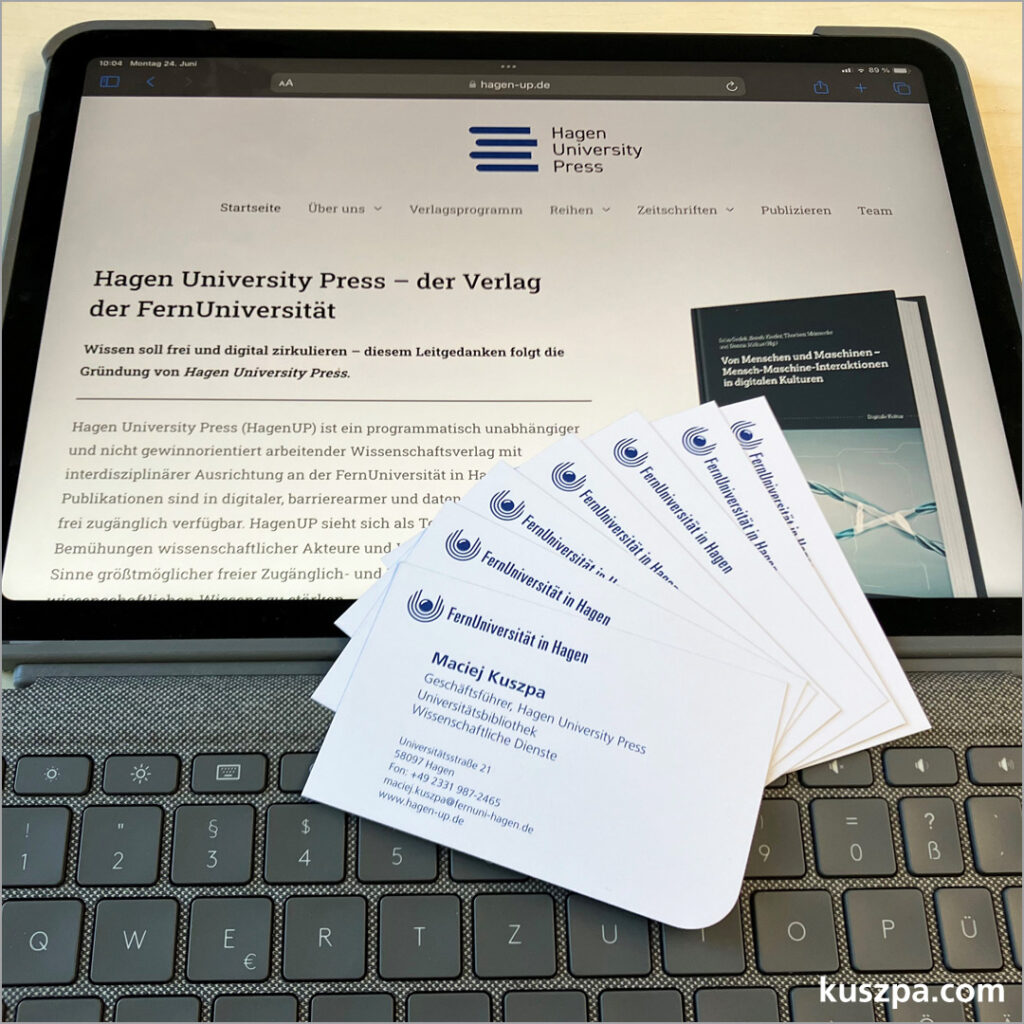 Internetseite und Visitenkarten des Verlages Hagen University Press an der FernUniversität